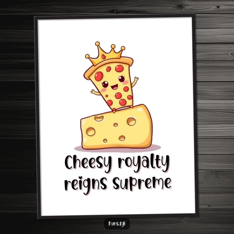 Funny Free Printable Wall Art of a pizza slice wearing a golden crown, balancing on a block of cheese, a king of flavor.
