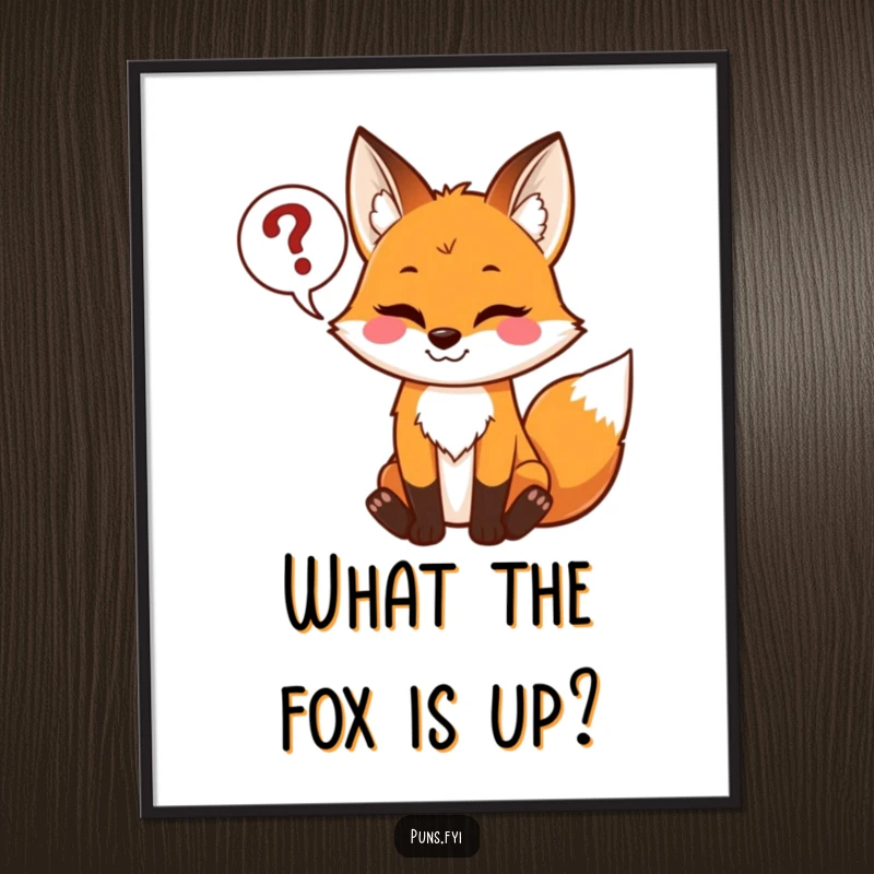 Funny free printable wall art of a playful fox with a mischievous grin, holding a speech bubble filled with question marks, perfect for decor.