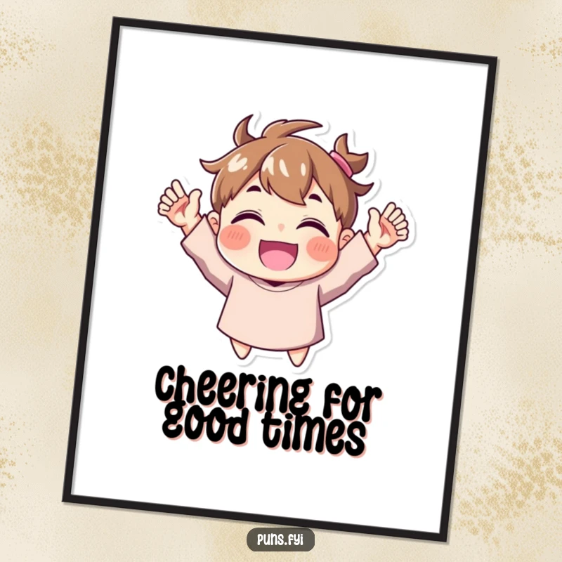 Funny Free Printable Wall Art depicting a character cheering with hands raised high in pure delight, adding vibrant energy.