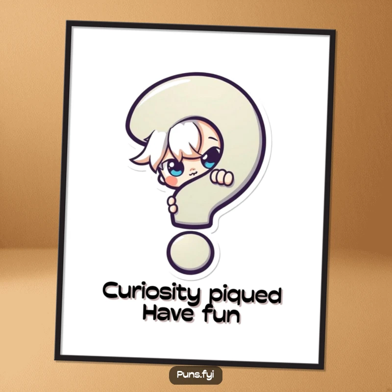 Funny Free Printable Wall Art featuring a mischievous character peeking from behind a large, colorful question mark, intriguing decor.