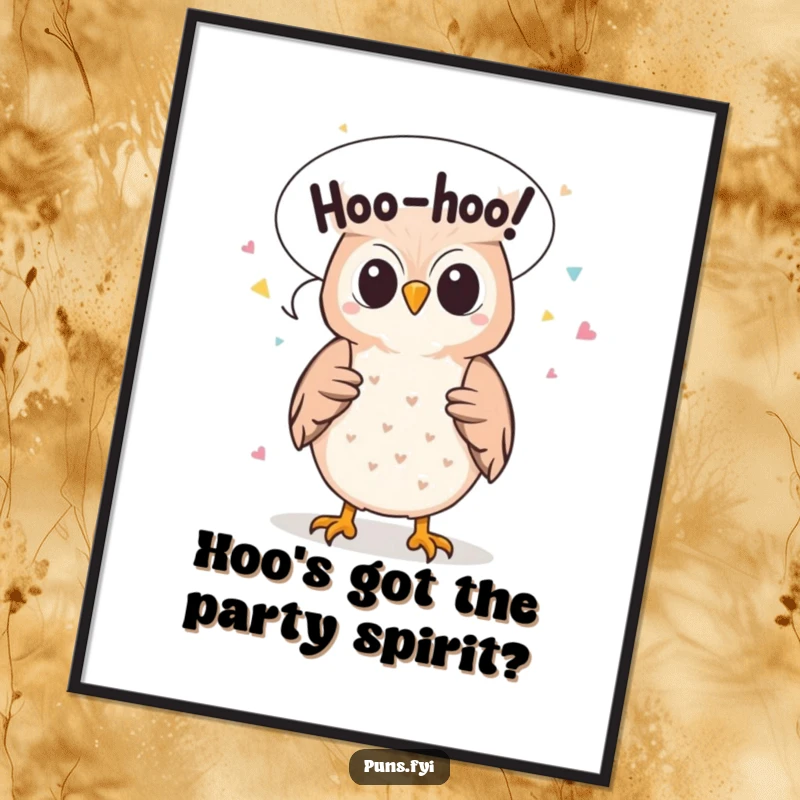 Free Printable Owl Wall Art: A cute owl character releasing a cascade of Hoo-hoo shaped confetti, offering funny downloadable decor.