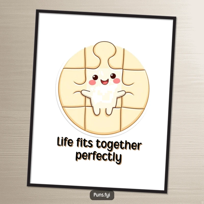 Funny Free Printable Wall Art: Happy puzzle piece character fitting perfectly into a larger shape, symbolizing completeness and quirky charm.