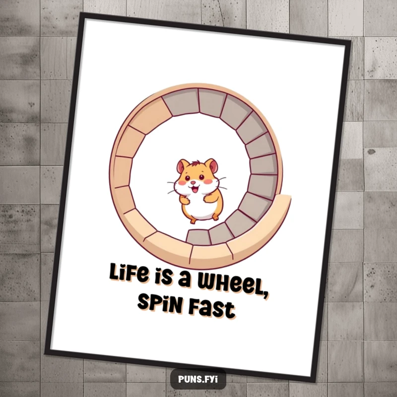 Funny free printable wall art: a playful hamster energetically climbing a spiral staircase, capturing a sense of fun and movement.