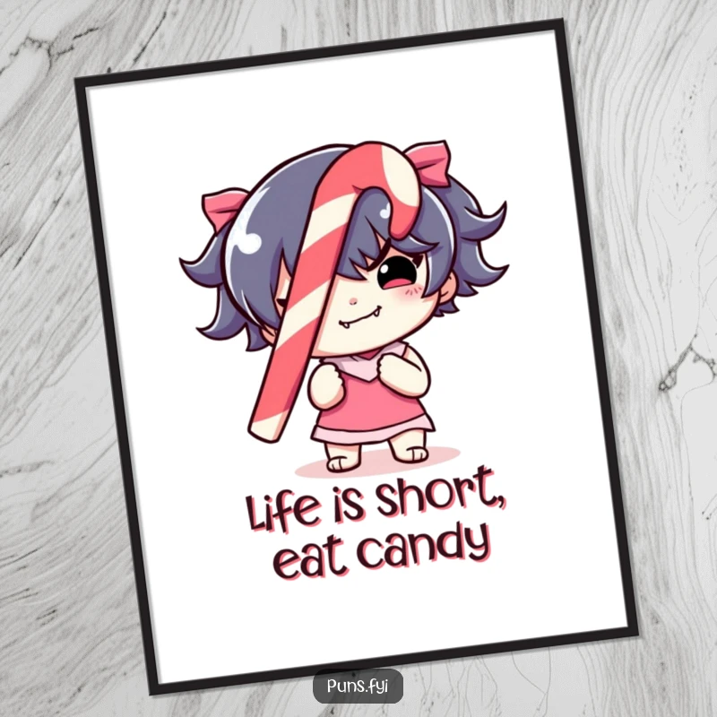 Funny Free Printable Wall Art: A character with a mischievous grin holds a colorful, striped candy cane, creating a fun, whimsical scene.