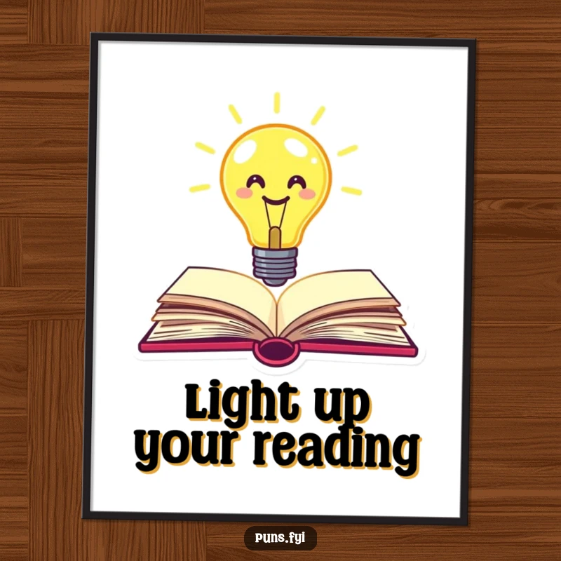 Funny Free Printable Wall Art: A happy, bright lightbulb with a smiley face emerges from an open book.