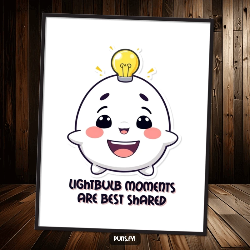 Funny free printable wall art of a grinning character with a glowing lightbulb, representing a brilliant and humorous idea.