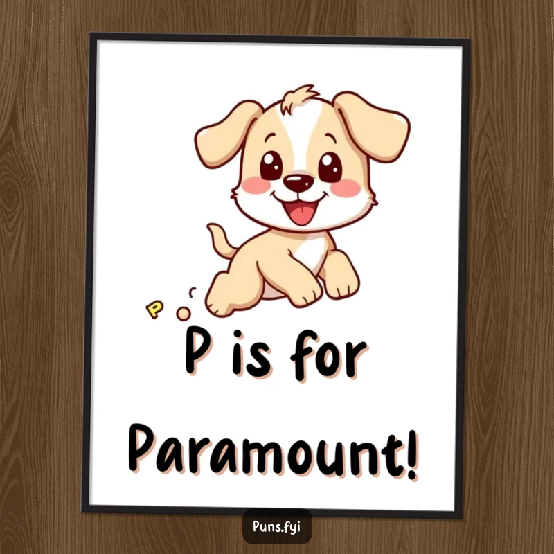 Funny Free Printable Wall Art: A happy puppy character energetically chasing a bouncy letter P across a fun background.