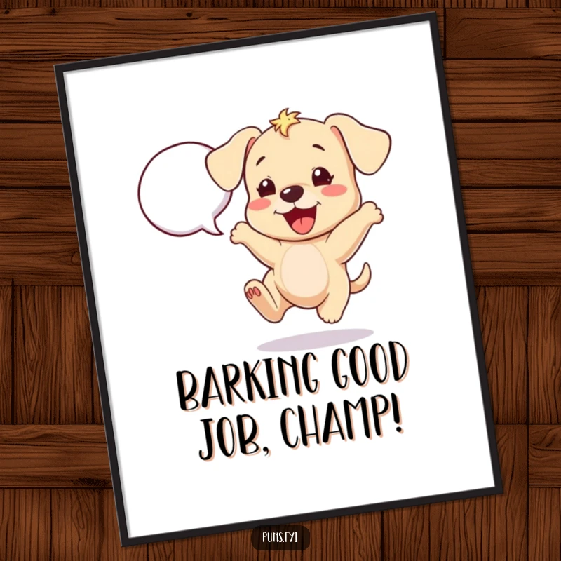 Funny Free Printable Wall Art: A cheerful puppy bounces with infectious excitement next to a speech bubble, radiating happiness.