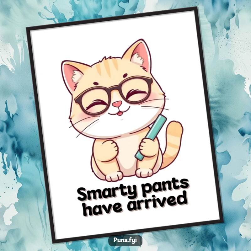 Funny Free Printable Wall Art: A smiling cat with glasses winks, holding chalk, symbolizing witty wisdom and feline intelligence.