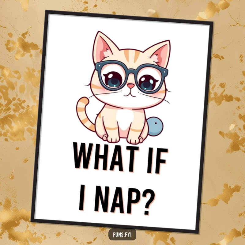 Funny Free Printable Wall Art of a kawaii cat wearing glasses, peering intently at a large question mark, inspiring curiosity and wit.