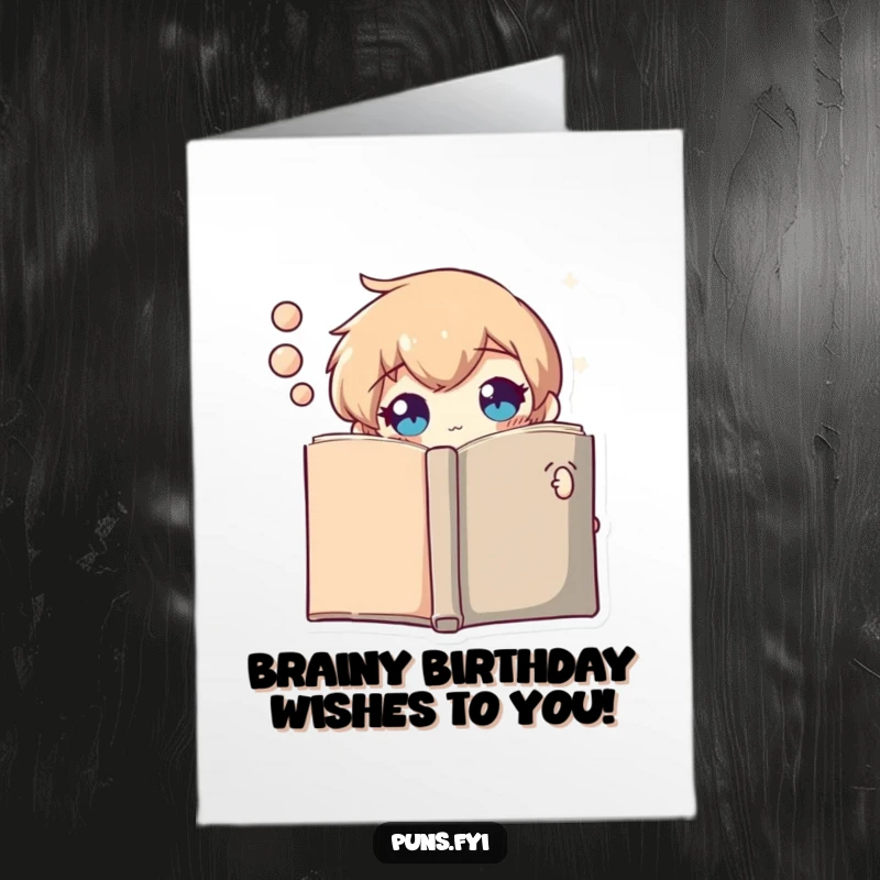 Funny Free Printable Birthday Card: Curious thought bubble character peeking from behind a book, a symbol of wonder and imagination.