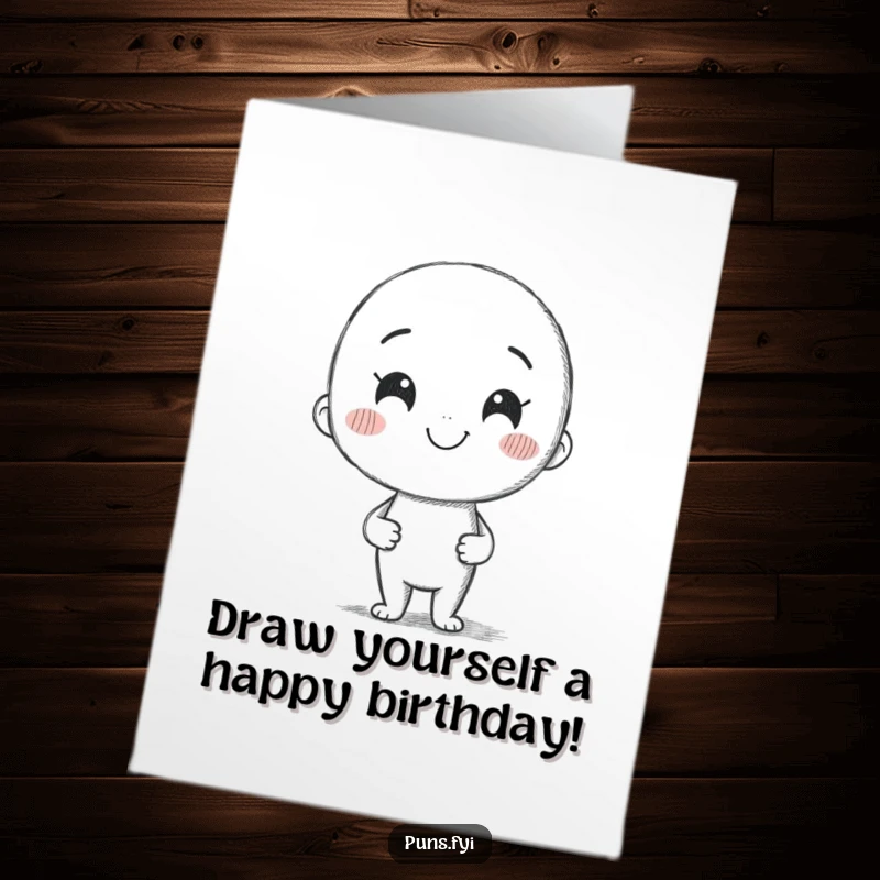 Funny Free Printable Birthday Card: Smiling pencil character drawing a whimsical, crooked line, celebrating imperfection and creativity.