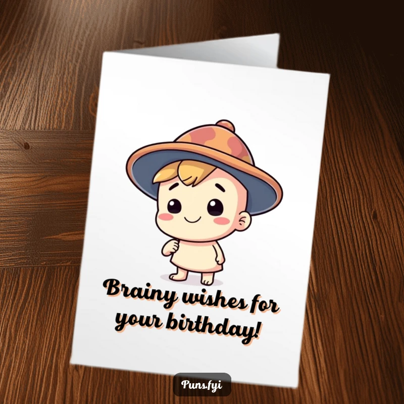 Funny Free Printable Birthday Card: Thinking cap character with a silly oversized hat, ready for a wild birthday party.