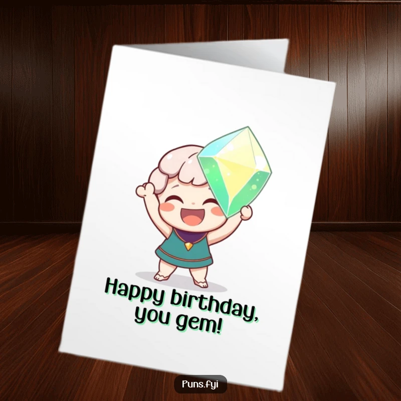 Funny Free Printable Birthday Card: A delighted character beams holding a huge, sparkling gem.