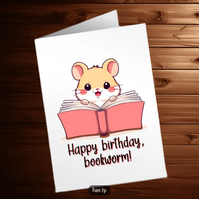 Funny Free Printable Birthday Card: A happy hamster peeking out curiously from behind a giant, open book, ready to celebrate.