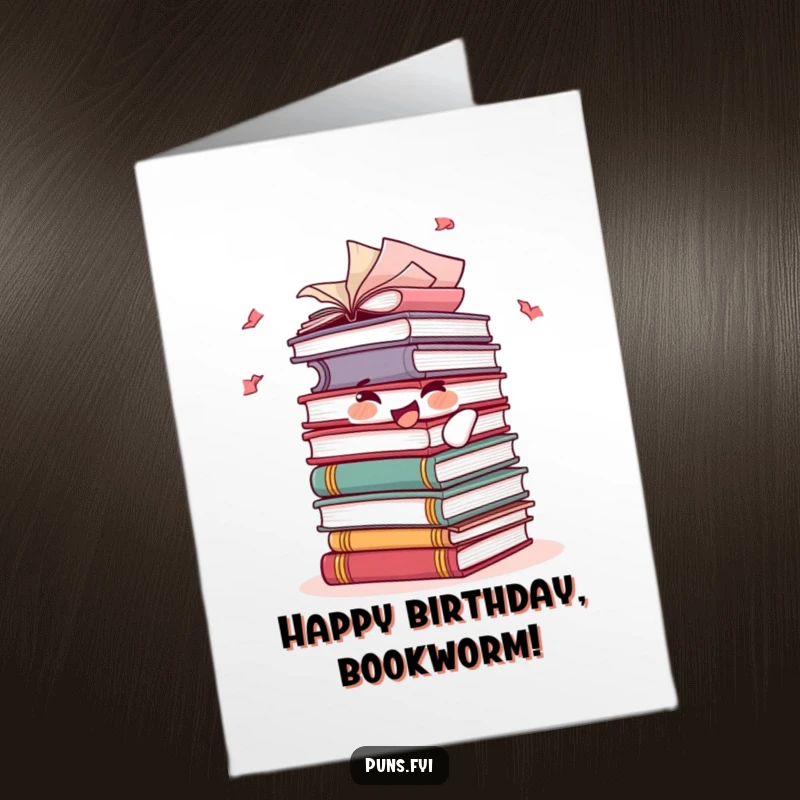 Funny Free Printable Birthday Card: Joyful stack of books with fluttering pages, embodying the excitement of reading and celebration.