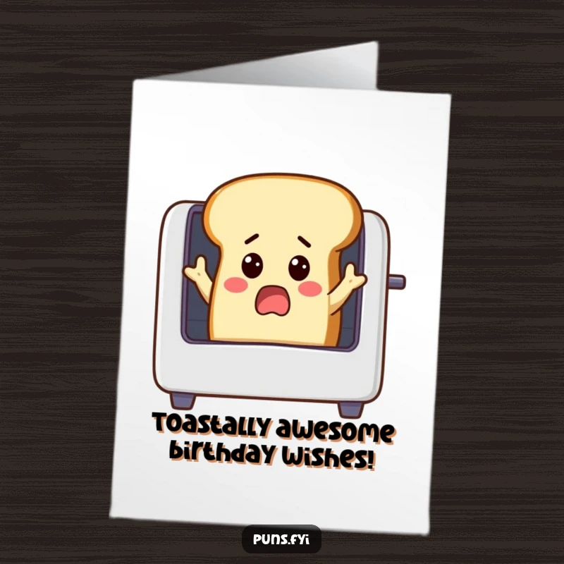 Funny Free Printable Birthday Card: Surprised cartoon bread man with arms reaching into a toaster, ready for laughs.