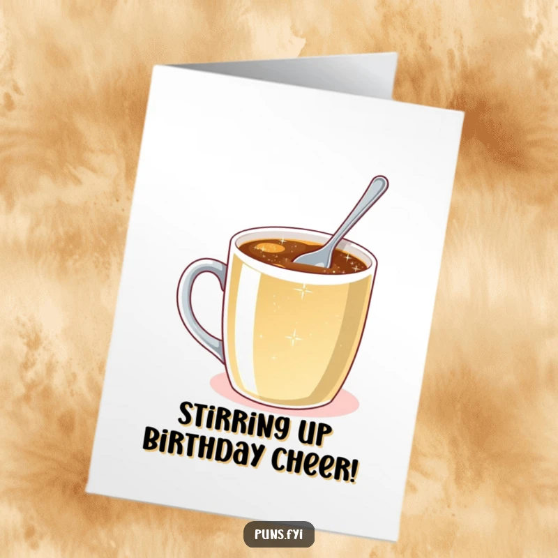 Funny Free Printable Birthday Card: A tiny spoon tries to stir a huge mug of sparkling liquid, symbolizing big effort.