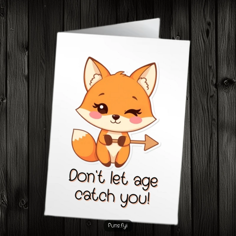 Funny Free Printable Birthday Card: Playful fox winking, holding a crossed-out arrow, implying dodged birthday blues, perfect for a downloadable gift.