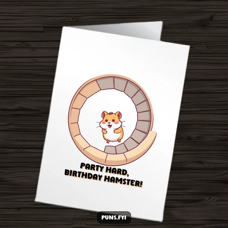 Funny free printable birthday card: a playful hamster energetically racing up a spiral staircase, symbolizing birthday fun and speed.
