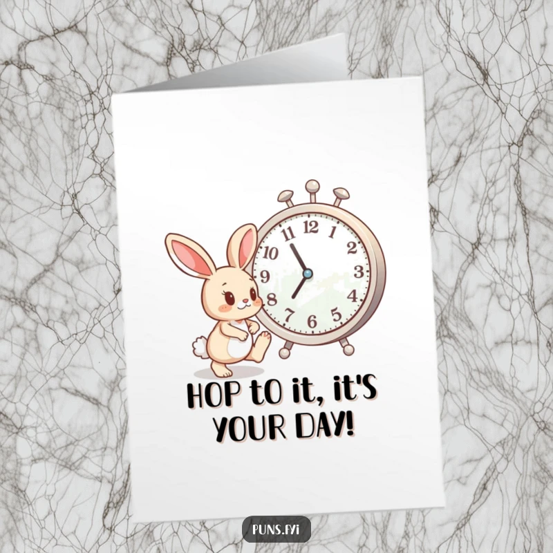 Funny Free Printable Birthday Card: Impatient bunny tapping foot by a giant clock, urging for a prompt birthday celebration, downloadable gift.