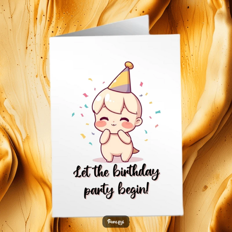Funny Free Printable Birthday Card: A festive character in a party hat, enthusiastically blowing a colorful confetti poof.