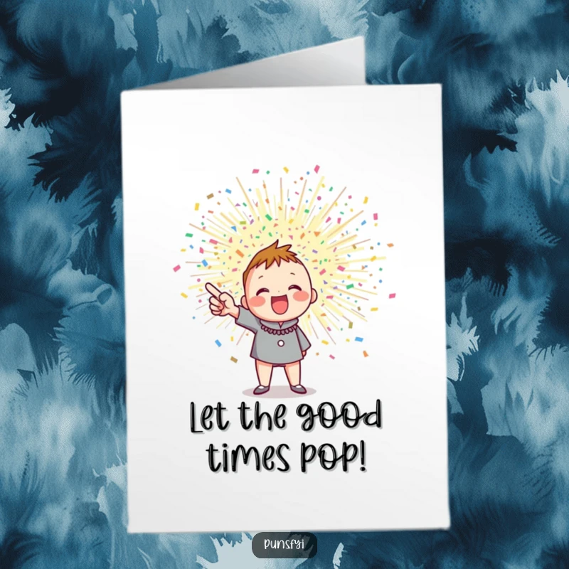 Funny Free Printable Birthday Card: Character excitedly points at a large, exploding confetti burst, celebrating.