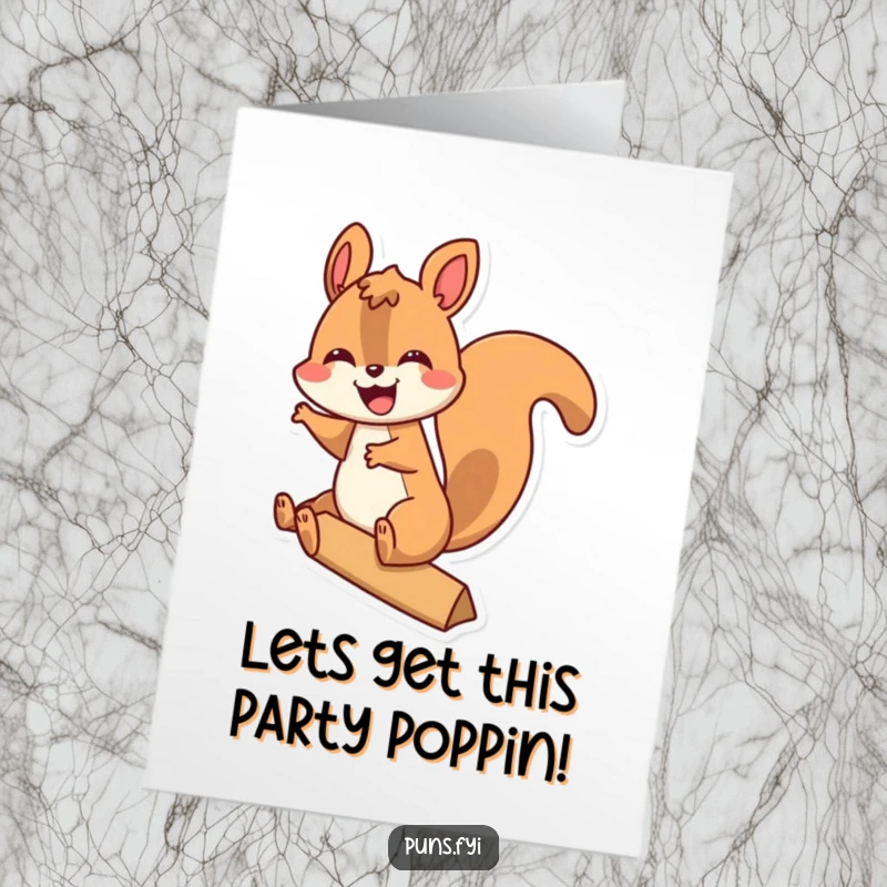 Funny free printable birthday card of a joyful squirrel joyfully riding a giant red exclamation point with excitement.