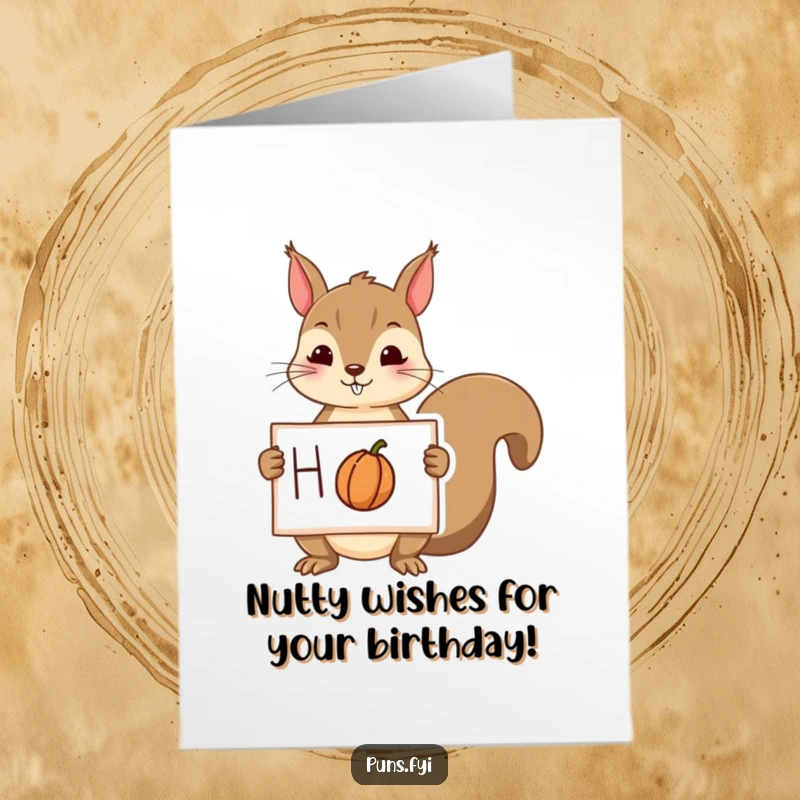 Funny Free Printable Birthday Card: A cute squirrel holding a sign with a drawing of a nut, ready for a nutty celebration.
