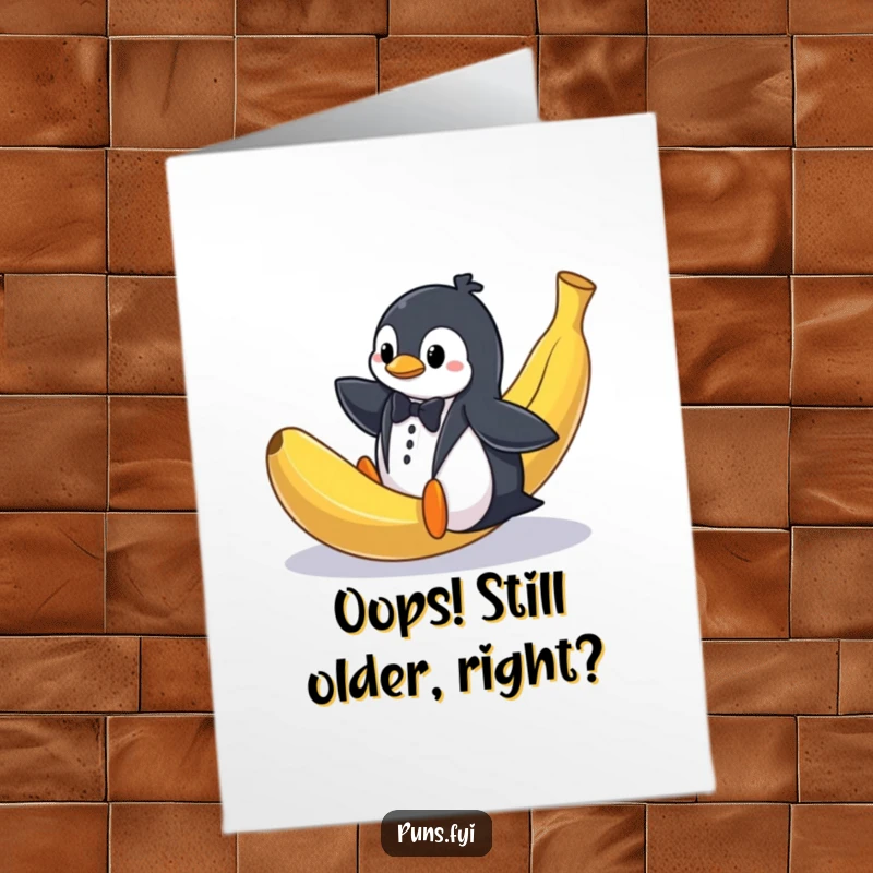 Funny Free Printable Birthday Card: Tuxedo penguin slipping on a banana peel, looking shocked and elegant. A hilarious DIY gift.