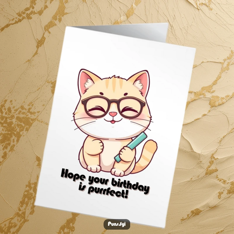 Funny Free Printable Birthday Card: A smiling cat wearing glasses winks while holding chalk, ready to write witty birthday messages.