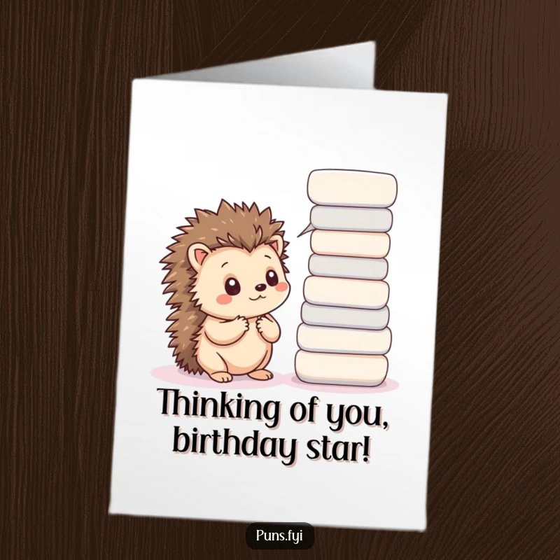 Free Printable Birthday Card: A kawaii hedgehog ponders near word bubbles, hinting at thoughtful birthday messages waiting to be shared.