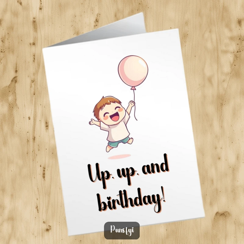 Funny Free Printable Birthday Card: Smiling character jumping for joy, reaching for a floating balloon happily.