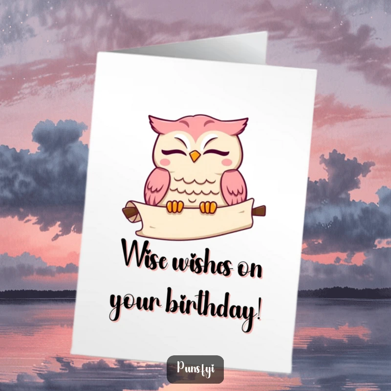 Funny Free Printable Birthday Card: Cute kawaii owl winking, with a scroll unrolling behind it, conveying birthday wishes.