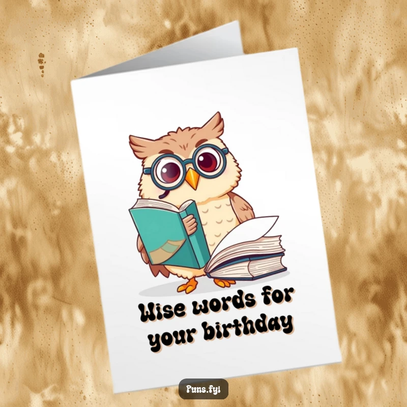 Funny Free Printable Birthday Card: A happy, wise owl wearing a monocle excitedly points at a large, open book.