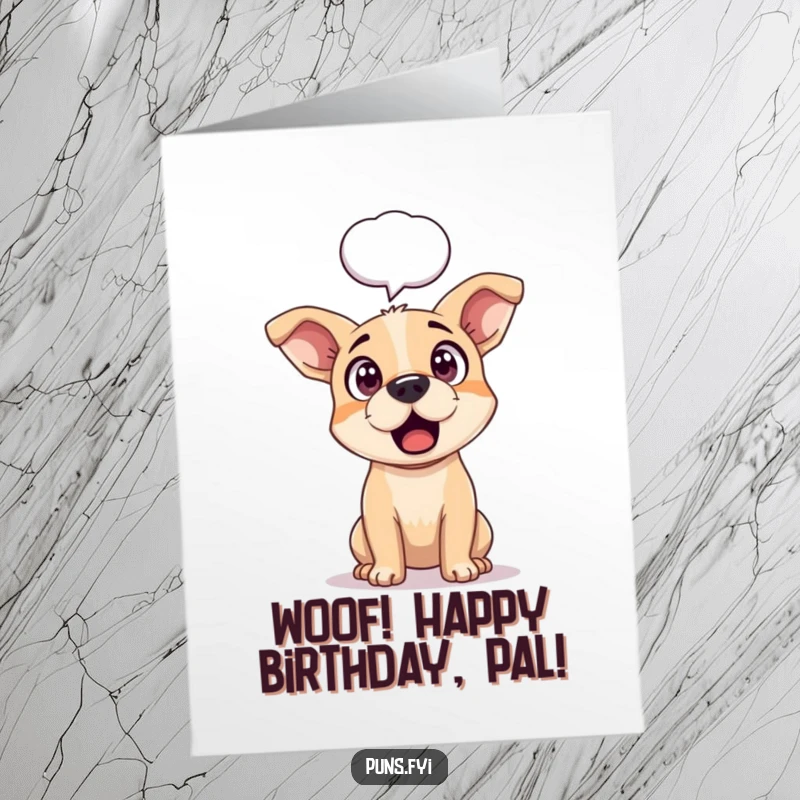 Funny free printable birthday card: a surprised dog with perked ears and a speech bubble.