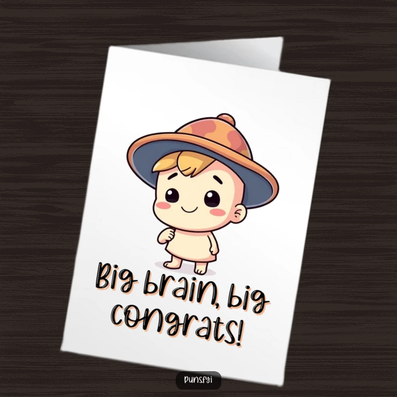Funny Free Printable Congratulations Card: Thinking cap character tipping a silly oversized hat in smart, humorous congratulations.