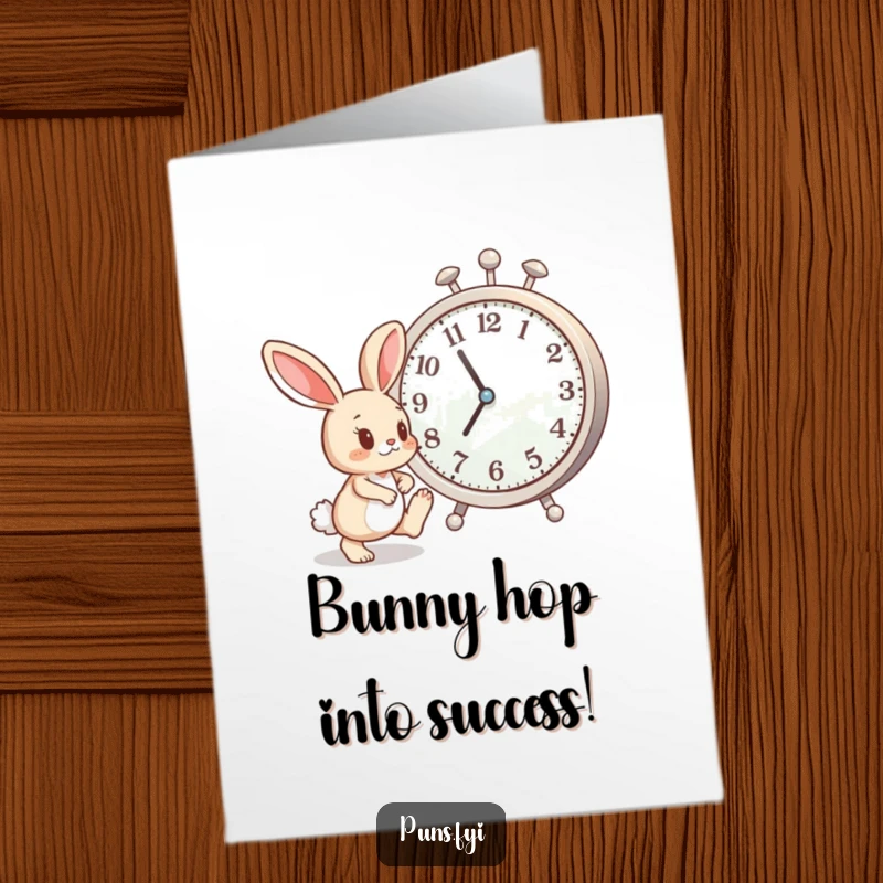 Free Printable Congratulations Card: A curious bunny taps its foot by a giant clock, humorously urging celebration for their achievements, downloadable greeting.