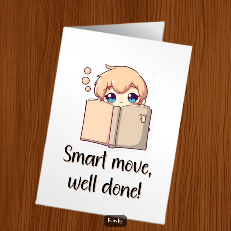 Funny Free Printable Congratulations Card: Curious thought bubble character peeking from behind a book, signifying discovery and thoughtful achievement.