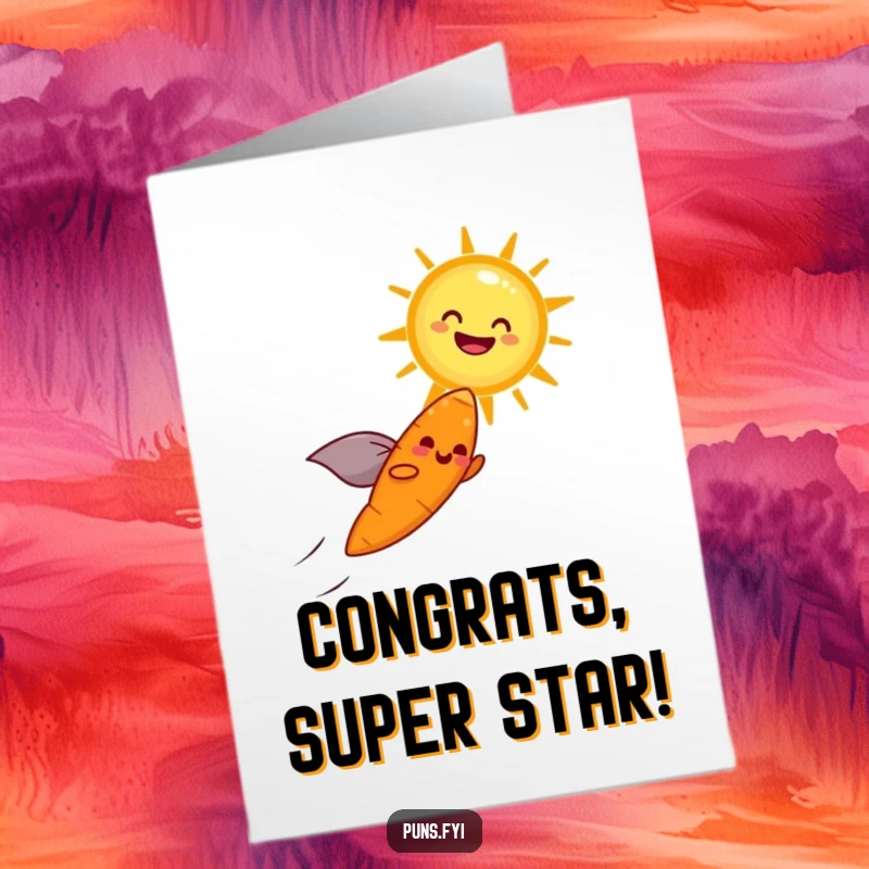 Funny Free Printable Congratulations Card: A carrot in a cape flies towards a laughing sun, celebrating a bright success.