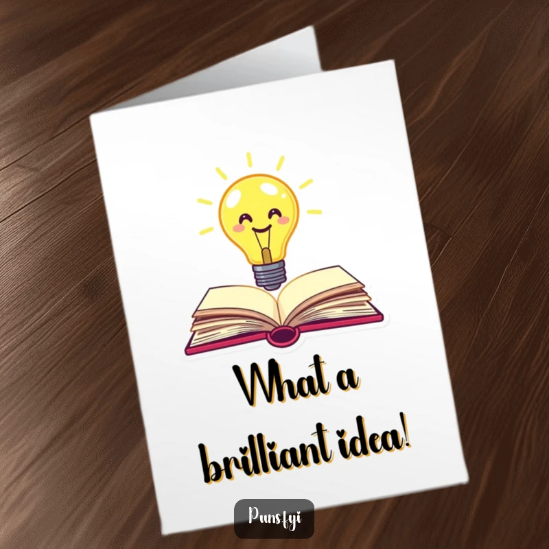 Funny Free Printable Congrats Card: A cheerful lightbulb with a happy face pops enthusiastically out of a book.