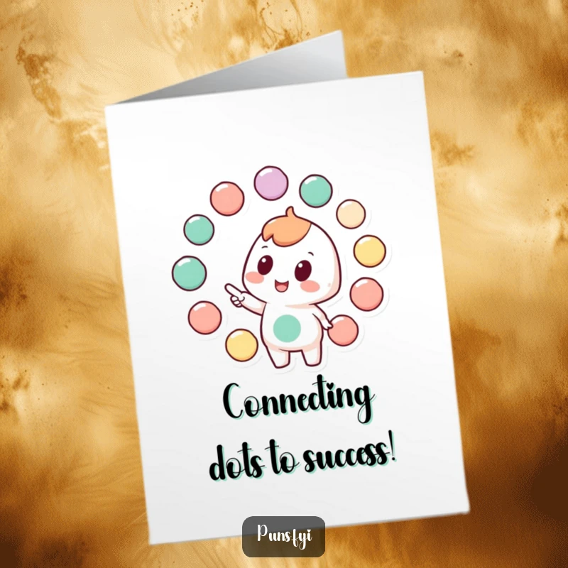 Funny free printable congratulations card with a character pointing at connected circles, representing a successful network or plan.