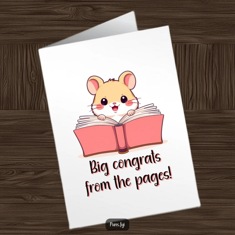 Funny Free Printable Congratulations Card: A cheerful hamster peeking from behind a huge open book, celebrating a grand success.