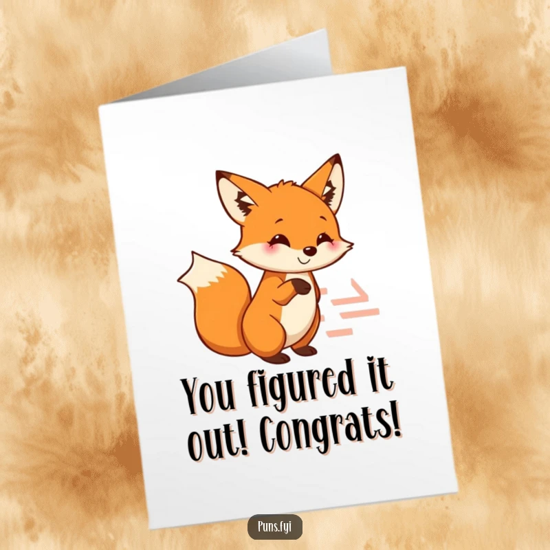 Funny free printable congrats card: a smiling fox pointing triumphantly at a solved maze, signifying achievement and wit.