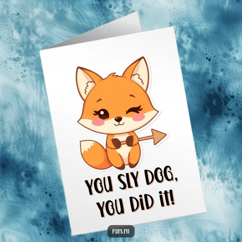 Free Printable Congratulations Card: A winking fox holding a crossed-out arrow, humorously signifying a challenge overcome, ideal for a downloadable greeting.
