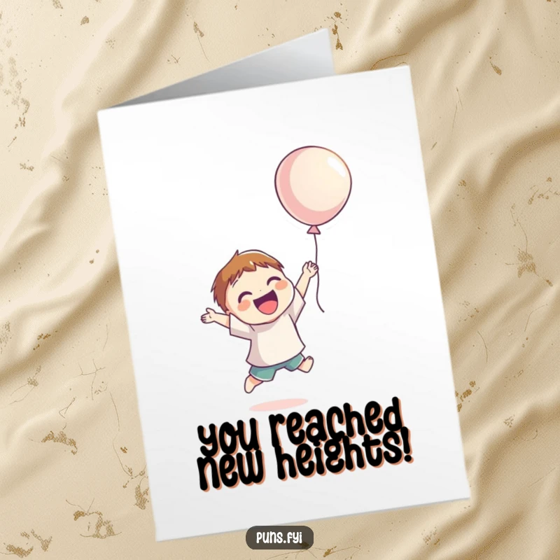 Funny Free Printable Congratulations Card: Smiling character jumping for joy, reaching for a balloon, celebrating success.
