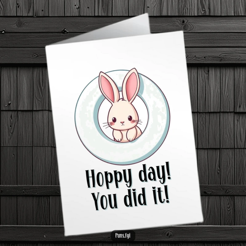 Funny free printable congrats card: a curious rabbit peeking from a giant spinning letter, conveying surprise and celebration for an achievement.
