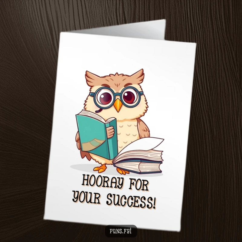 Funny Free Printable Congrats Card: An owl with a monocle enthusiastically directs attention to the contents of a large book.