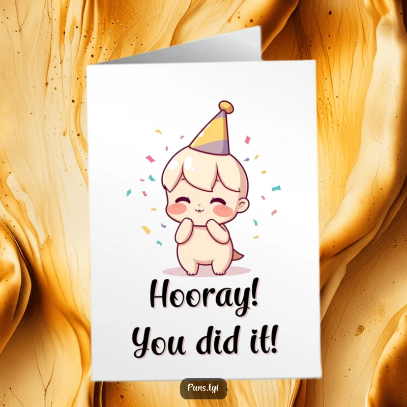 Funny Free Printable Congratulations Card: A cheerful character in a party hat, releasing a burst of confetti.