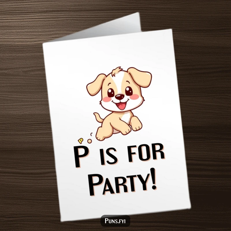 Funny Free Printable Congratulations Card: Adorable puppy comically chasing a bouncy letter P, celebrating success with pure glee.